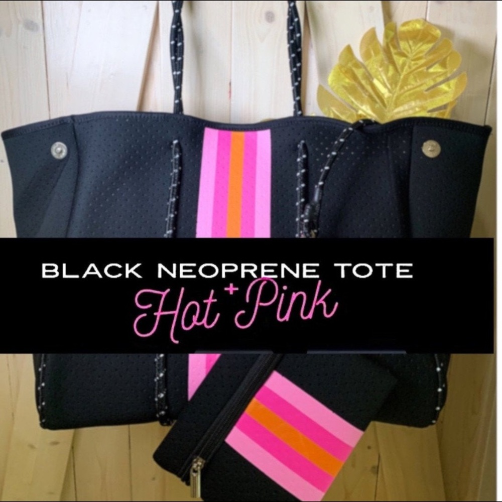 Neoprene waterproof Tote Bag - black + hot pink & orange racer stripes w options